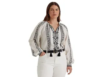 Ralph Lauren Plus Size Embroidered Linen Blouse (White/Black) Womens Clothing