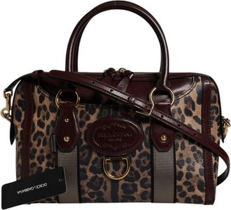 Dolce & Gabbana Brown Leopard Leather Shoulder Strap Duffle Womens Bag