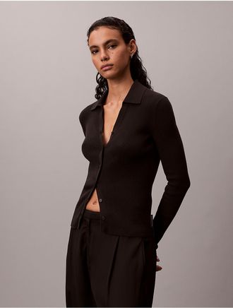 Calvin Klein Jeans Calvin Klein Womens Smooth Cotton Rib Polo Cardigan - Black - XS