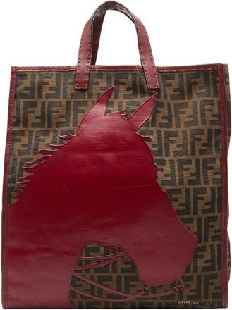 Fendi Brown Red Color Canvas Leather Handbag Tote Bag (Pre-Owned)