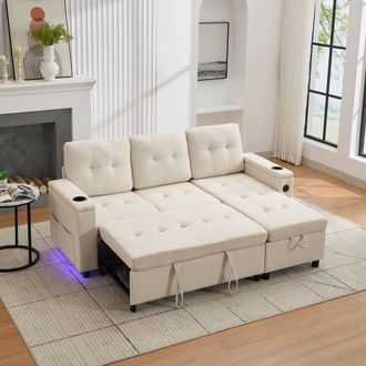 Matteo L-Shaped 3 Seater Pull Out Sofa Bed with Storage, USB & LED - Beige