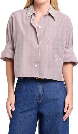 TWP Next Ex with Crystal Collar Cotton Button-Up Shirt in White /Wine at Nordstrom, Size X-Small