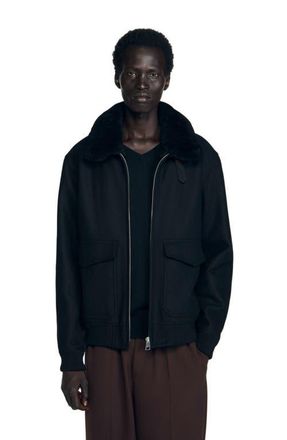 Sandro Wool aviator jacket with shearling in Black at Nordstrom, Size Xx-Large