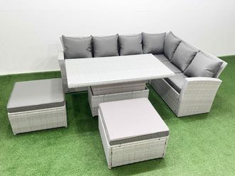 Fimous 8 Seat Rattan Garden Furniture Corner Sofa Set with Armchair 2 Stools in Light Grey