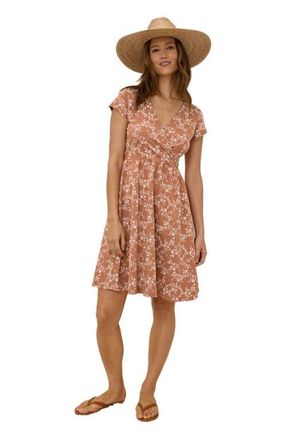 Pact Organic Cotton Fit & Flare Crossover Dress in Bouquet Blooms Ochre at Nordstrom, Size Xx-Large