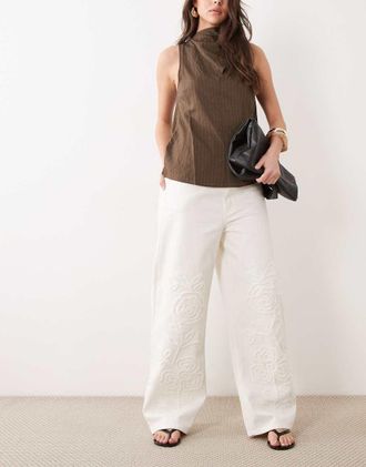 Mango Cameron - Jeans dritti in cotone 100% color crema con ricami-Neutro