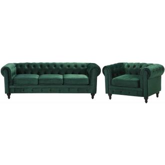 Beliani Set di divano e poltrona vintage in tessuto verde Chesterfield