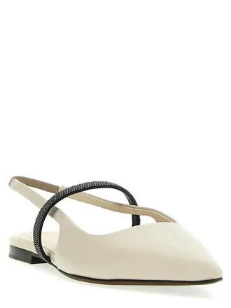 Brunello Cucinelli Rugiada Leather Pointed Slingback Flat - Cream