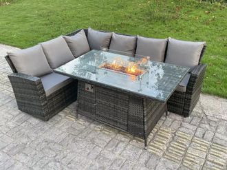 Fimous Outdoor Rattan High Back Sofa Set Gas Fire Pit Dining Table Gas Heater Burner 6 Seater in Dark Grey