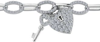 Jewelco London Silver CZ Key Love Heart Padlock Oval Belcher Charm Bracelet 7.5 - ABB187