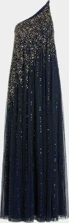 Mac Duggal Beaded One-Shoulder Tulle Trapeze Gown
