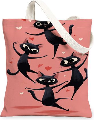 Generic Playful Cat Canvas Tote Bags, Cute Kittens Hearts Pattern Lightweight Washable Reusable Grocery Bags for Shopping Beach Tra, Peach, 13x15 Inch