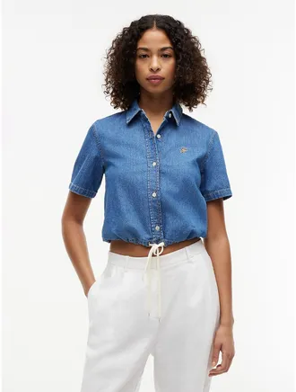 Tommy Hilfiger Womens Boxy Fit Tie-Hem Denim Shirt - Blue - XL