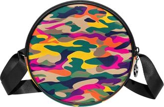 Generic Circle Crossbody Bag for Women, Colorful Camouflage Small Sling Bag Daypack with Zipper Adjustable Shoulder Straps Casual Ladies Girls Round Purse