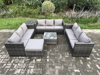 Fimous Outdoor Rattan Garden Furniture Set 10 Seater Patio Lounge Sofa Set with Side Table Square Coffee Table Big Footstool in Dark Grey