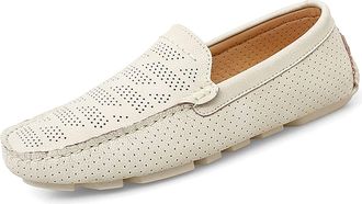 Generic Mens Loafers Shoes Round Toe Breathable Perforated Genuine Leather Anti-Slip Flexible Resistant Comfortable Lightweight Prom Fashion Slip On(Beige,7.5
