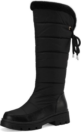 Generic Womens Quilted Knee-High Snow Boots Faux Fur Trim Drawstring Detail Comfortable Platform Sole Non-Slip Wear-Resistant for Winter Daily Outdoor Casual,