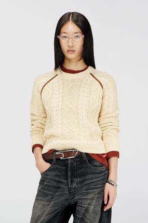 Diesel Cable-knit jumper with contrast bands - Knitwear - Woman - Yellow