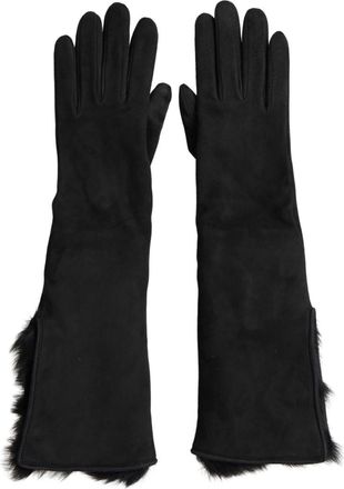 Dolce & Gabbana Black Leather Fur Elbow Length Mens Gloves