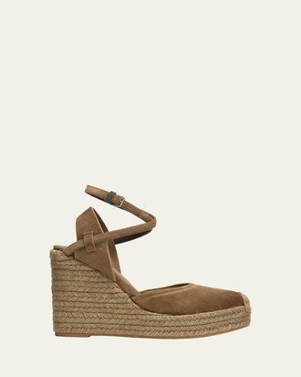 Brunello Cucinelli 80mm Monili Suede Espadrille Wedge Sandals