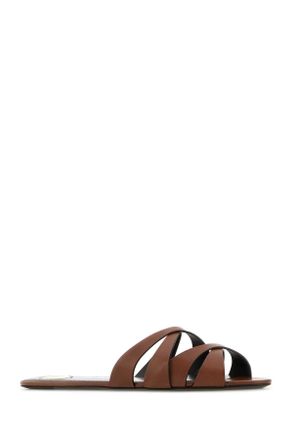 Saint Laurent Womens Brown Leather Chandelle Slippers Bruciato Flat Shoes