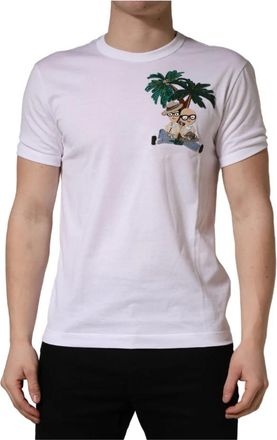 Dolce & Gabbana Palm Embroidered Crew Neck T-shirt - Heren - T-shirts - Wit - S - Katoen - Tops