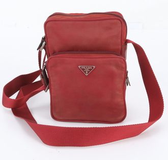 Prada Red Color Leather Nylon Handbag Shoulder Bag Tote Bag (Pre-Owned)
