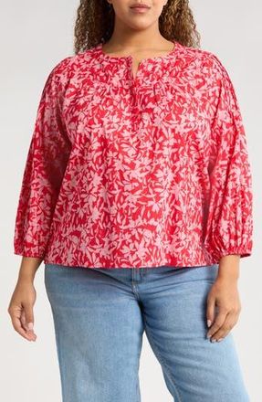 Caslon Print Split Neck Cotton Popover Top in Red- Pink Serena Floral at Nordstrom Rack, Size 2X