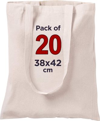 Centrix Natural Cotton 20 pack 15 X 16 inch reusable grocery bags, 5.5 oz cotton canvas tote, eco friendly super strong washable