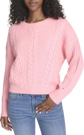 Tommy Hilfiger Womens Solid Cable Crewneck Bobbi Pullover Sweater, English Rose, Small