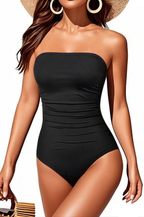 Holipick Women Tummy Control One Piece Swimsuits Strapless Bandeau Bathing Suits Slimming Halter Swimwear, Black, 26 Plus