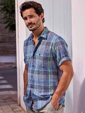 Lerros Kurzarmhemd LERROS LERROS Herren Karohemd in leichter Strukturqualit&auml;t, Herren, Gr. L, Normalgr&ouml;ssen, blau (classic navy), 60% Polyester, 40% Baumwoll