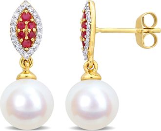 Mimi & Max 8mm Cultured Freshwater Pearl 1/7ct TDW Diamond 1/6ct TGW Ruby Marquise Earrings 14k Yellow Gold