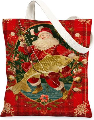 Generic Christmas Fishing Santa Canvas Tote Bags, Plaid Design Reusable Grocery Bags, Lightweight Washable Shoulder Strap for Outdo, Red, 13x15 Inch