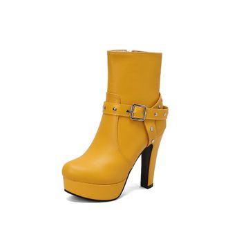 Generic Womens Studded Buckle Ankle Boots PU Leather Round Toe High Block Heels Platform Zip Closure Stylish Durable Comfortable Design,Yellow,7.5 UK