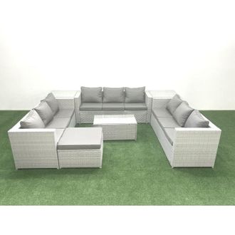 Fimous Rattan Garden Outdoor Furniture Set 10 Seater Garden Sofa Coffee Table Set with Big Footstool 2 Side Tables Light Grey Mixed - Fimous