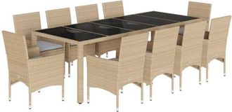 vidaXL Set Comedor Jard&iacute;n 11 Pzas Cojines Rat&aacute;n Sint&eacute;tico Vidrio Beige Vidaxl