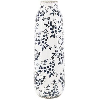 Beliani Florero Blanco Y Azul Gres Estampado De Flores 35 Cm Impermeable Mulai