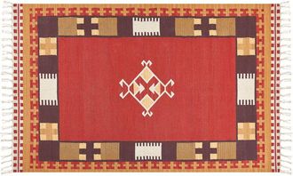 Beliani Beliani - Alfombra Kilim De Algod&oacute;n Rojo Marr&oacute;n Beige 140 X 200 Cm A Mano Geom&eacute;trico Borlas Parakar