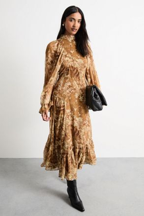 Warehouse Womens Romantic Chiffon Fluted SLV Midaxi Dress - Natural - Size 12 UK