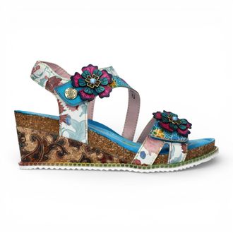 Laura Vita Laura Vita Womens Bonito 32 Turquoise Blue Floral Leather Wedge Espadrille Sandals - Size EU 41