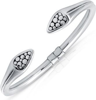 MAX + STONE 925 Sterling Silver 7 Inch Beaded Point Open Bangle Bracelets with Hinged Clasp