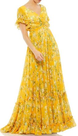Mac Duggal Flounce Sleeve Floral Maxi Dress in Yellow Multi at Nordstrom, Size 12