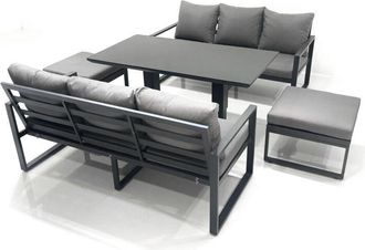 Fimous Fimous 8 Seater Aluminium Outdoor Garden Furniture Set with Adjustable Rising Lifting Dining Table 3 Seater Sofa 2 Big Footstool Side Table Dark Grey