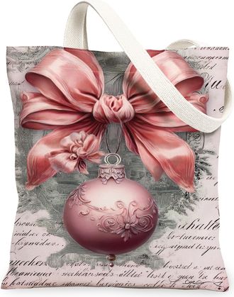 Generic Christmas Peach Ornament Canvas Tote Bags, Vintage Floral Bow Design Reusable Grocery Bags, Lightweight Washable Shoulder S, Peach, 13x15 Inch