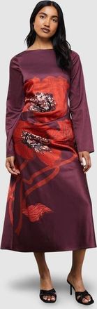Warehouse Floral Placement Print Satin Midi Dress in Dark Red at Nordstrom, Size 4