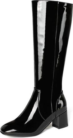 Generic Womens Patent Leather Knee High Boots Block Heel Glossy Finish Urban Street Style Modern Winter Fashion Trendy,Black,6.5 UK
