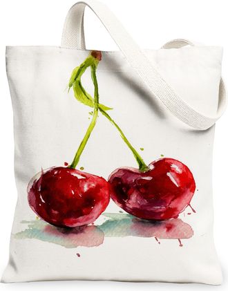 Generic Cherries Print Canvas Tote Bags, Decorative Fruit Design Reusable Grocery Bags, Summer Lightweight Washable Shoulder Strap, White, 13x15 Inch