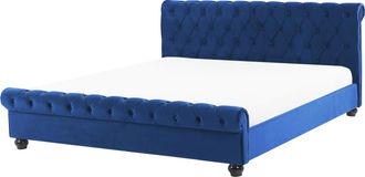Beliani Cama Doble Tapizada En Terciopelo Azul 180 X 200 Cm Con Cabecero Acolchado Estilo Glam Avallon