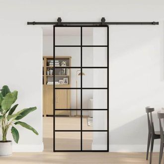 vidaXL Puerta Corredera Con Set Herrajes Negro 90x205 Cm Vidrio Esg Vidaxl